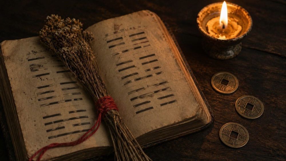 The I Ching — yarrow stalks, bronze coins, and the Book of Changes.