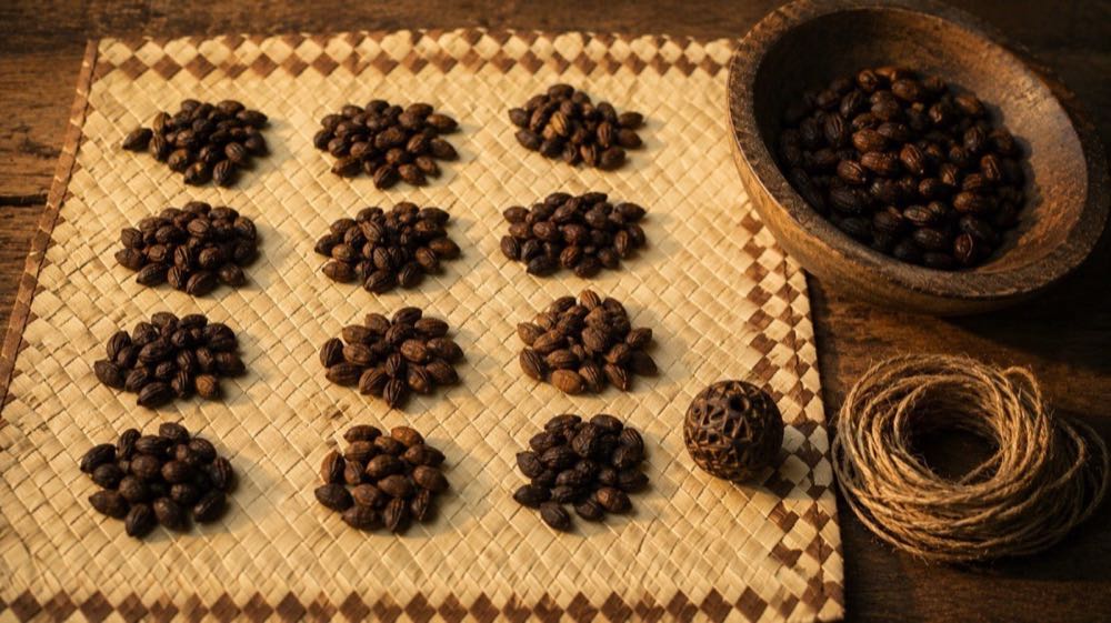 Sikidy — a grid of tree seeds cast on a palm-leaf mat in the Malagasy divination tradition.