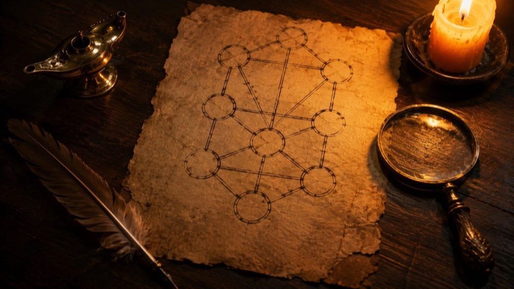 Kabbalistic Tree of Life diagram in gold — an ancient pattern of ten spheres